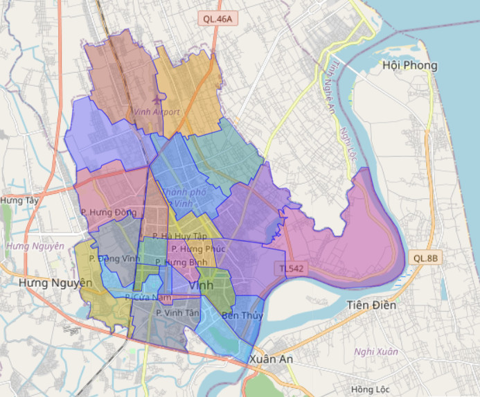 Bản đồ hành chính thành phố Vinh minh họa vị trí các khu vực có tiềm năng chung cư dưới 1 tỷ ở Vinh