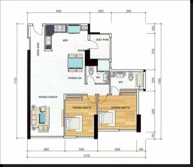 Mẫu thiết kế căn hộ 2 phòng ngủ diện tích 115m2 của chung cư Giai Việt Quận 8