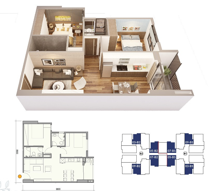 Thiết kế căn hộ 2 phòng ngủ tại chung cư Sky Central