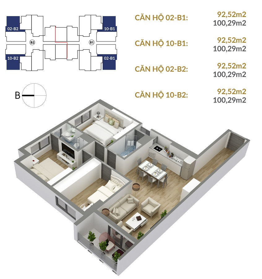Thiết kế mặt bằng căn hộ 3 phòng ngủ chung cư 176 Định Công