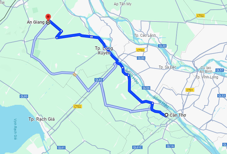 Bản đồ chỉ dẫn đường đi và khoảng cách từ Cần Thơ đến An Giang