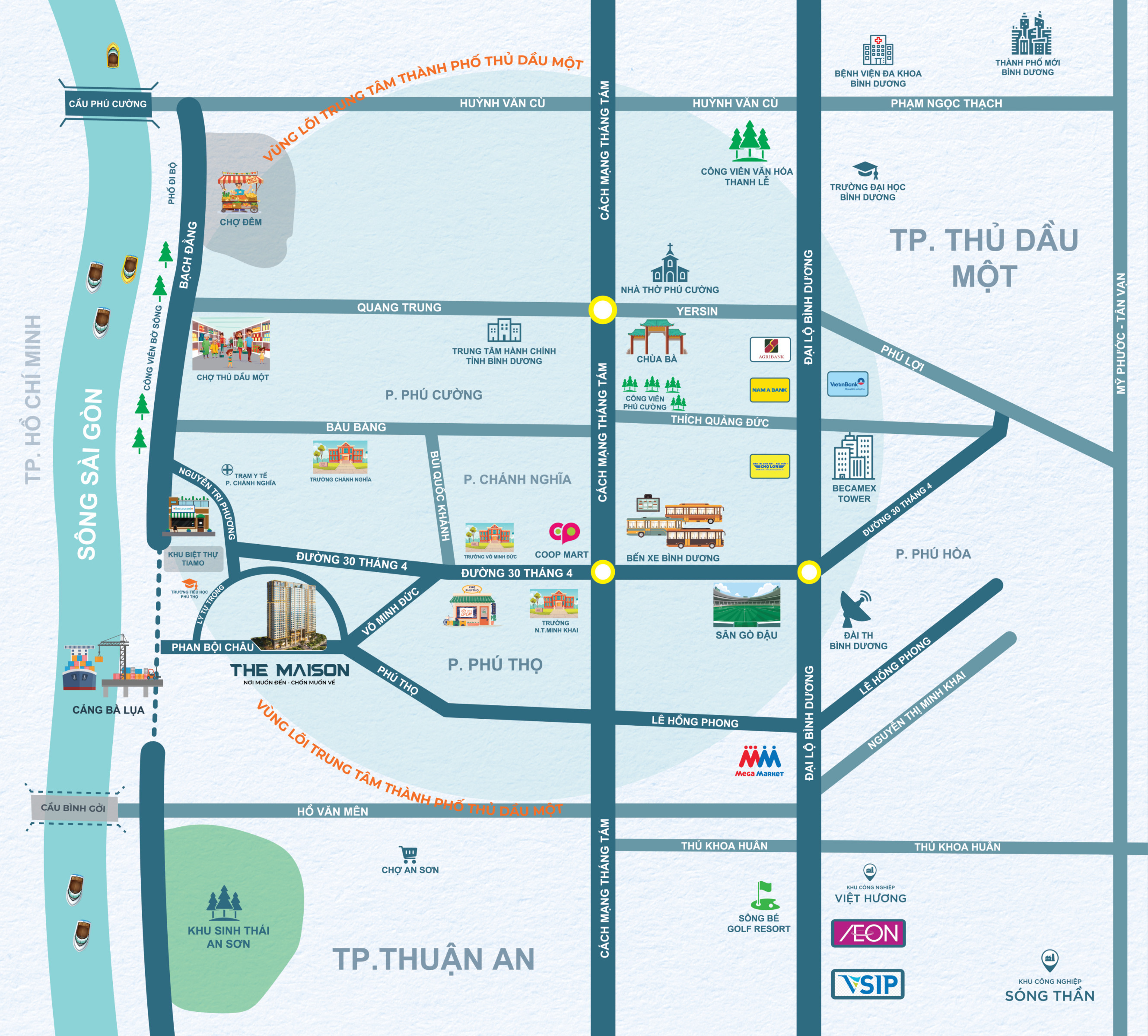 Bản đồ định vị vị trí chiến lược của dự án The Maison tại Thủ Dầu Một