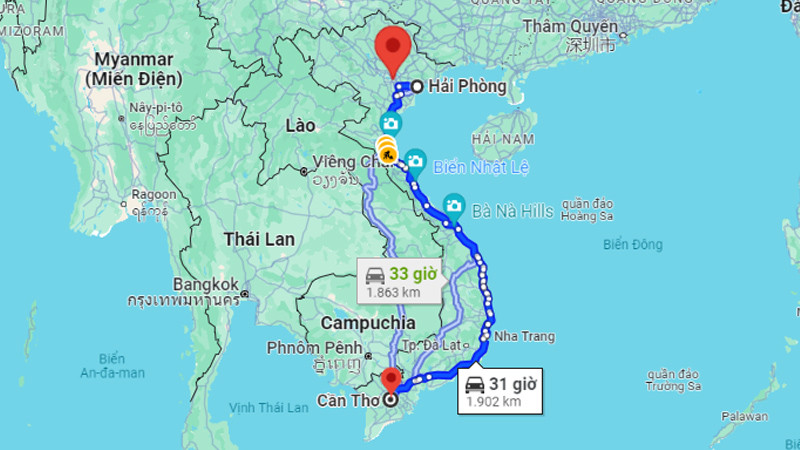 Bản đồ hiển thị khoảng cách di chuyển từ An Giang đến Cần Thơ
