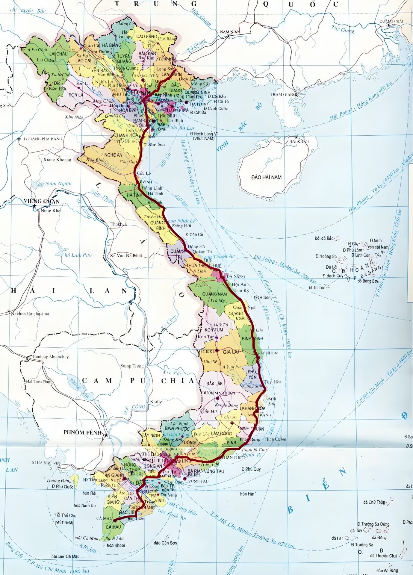 Bản đồ minh họa tổng chiều dài Quốc lộ 1A xuyên Việt từ Lạng Sơn đến Cà Mau