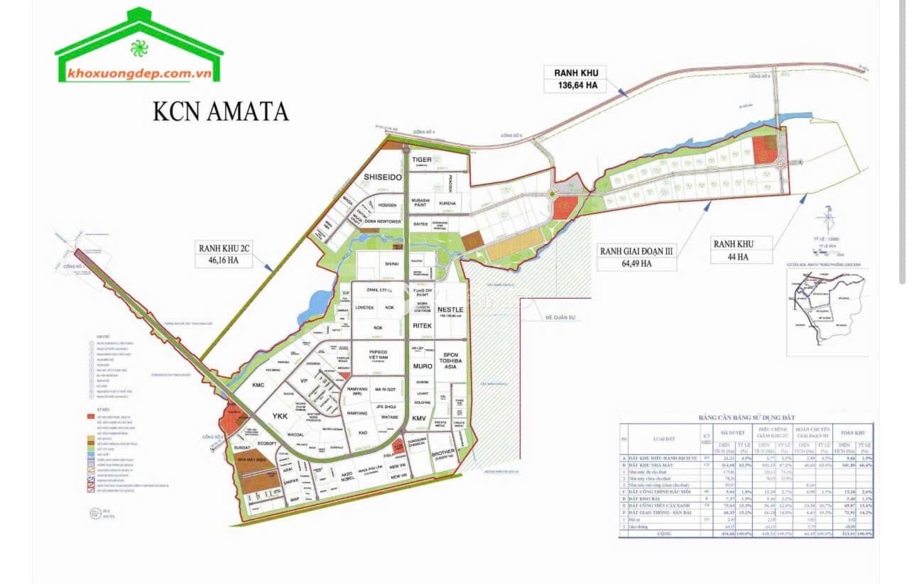 Bản đồ quy hoạch chi tiết của khu công nghiệp Amata tại Biên Hòa, tỉnh Đồng Nai, minh họa cấu trúc khu công nghiệp.