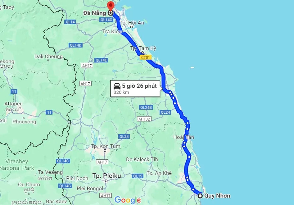 Bản đồ thể hiện quãng đường Đà Nẵng cách Bình Định bao nhiêu km