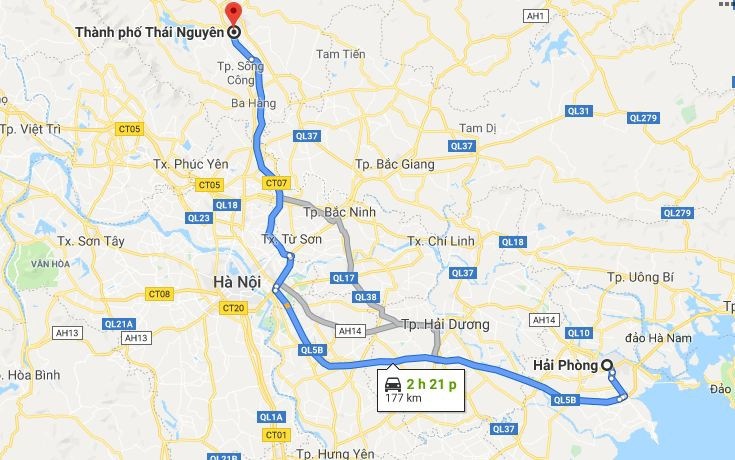 Bản đồ tuyến đường cao tốc từ Hải Phòng đến Thái Nguyên qua ĐCT07