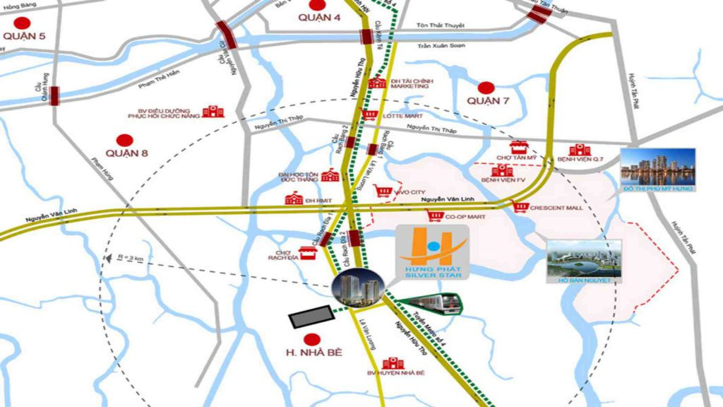 Bản đồ vị trí chiến lược của chung cư Hưng Phát 2 trên trục đường Nguyễn Hữu Thọ, Nhà Bè