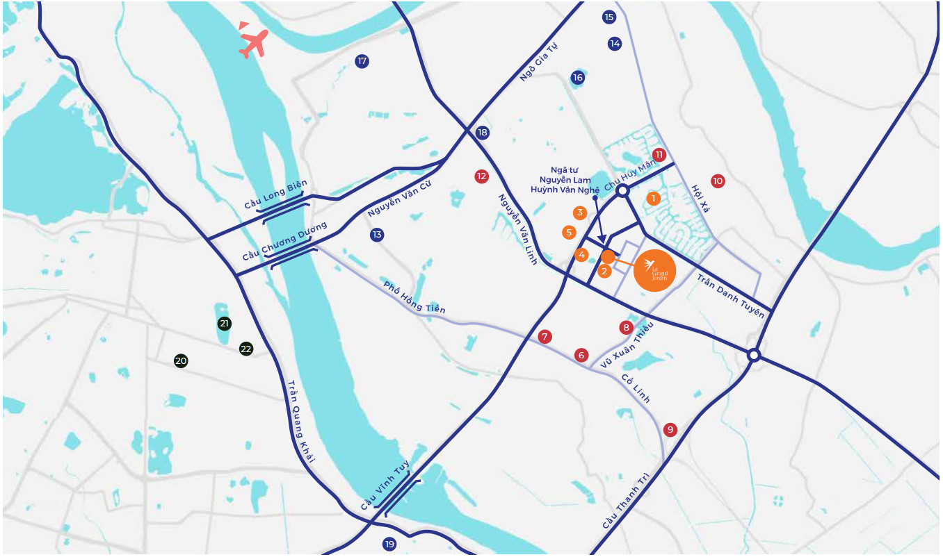 Bản đồ vị trí chiến lược của dự án Le Grand Jardin tại Sài Đồng, Long Biên