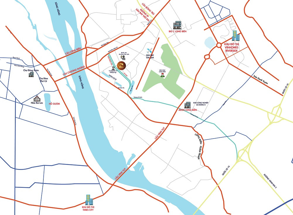 Bản đồ vị trí chung cư HC Golden City Long Biên, kết nối đến các tuyến đường chính và tiện ích xung quanh