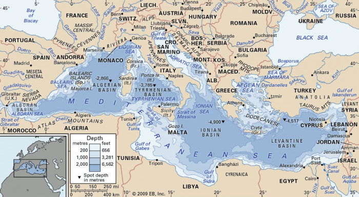 Bản đồ vị trí địa lý vùng biển Địa Trung Hải giữa ba châu lục Á, Âu, Phi