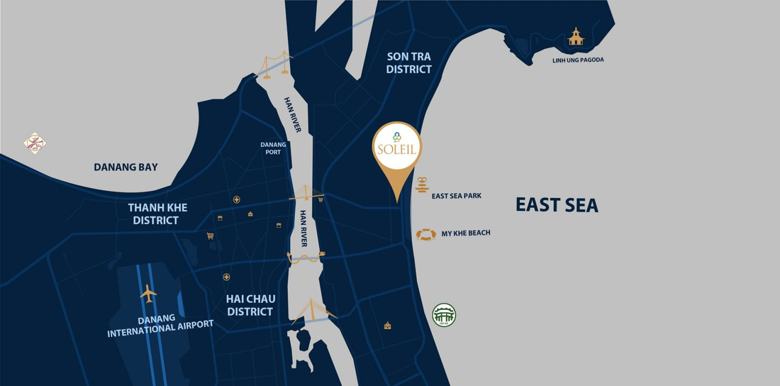 Bản đồ vị trí kim cương của dự án Wyndham Soleil Đà Nẵng, nằm tại giao lộ vàng ven biển Mỹ Khê.