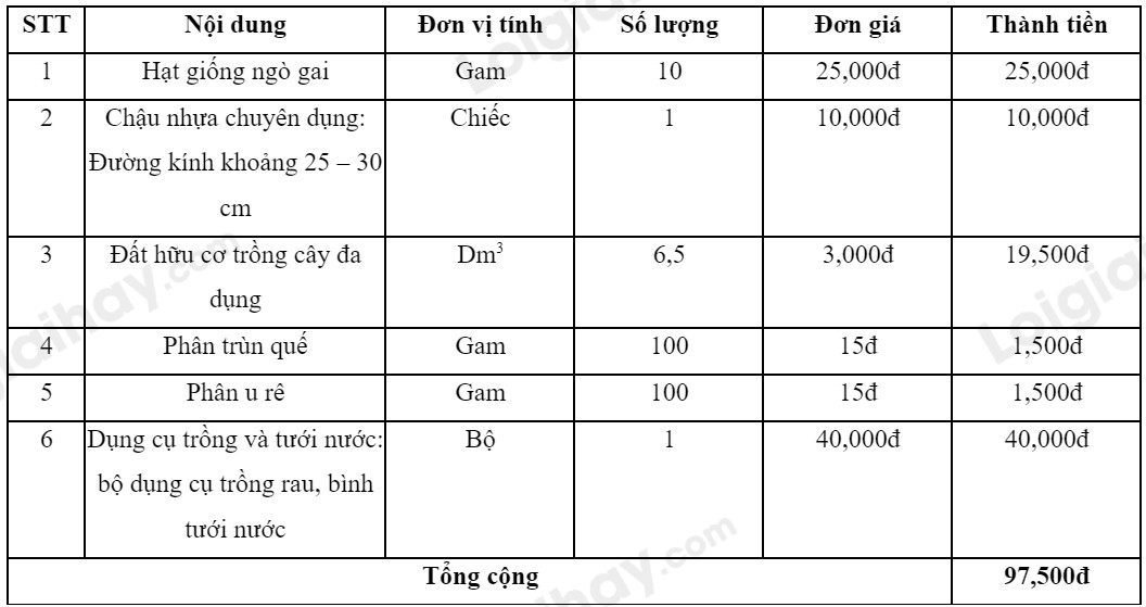 Bảng tính toán chi phí cho dự án trồng rau an toàn tại nhà