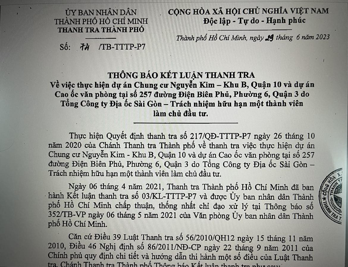 Báo cáo kết luận thanh tra chi tiết về các sai phạm tại dự án chung cư Nguyễn Kim Khu B, Quận 10