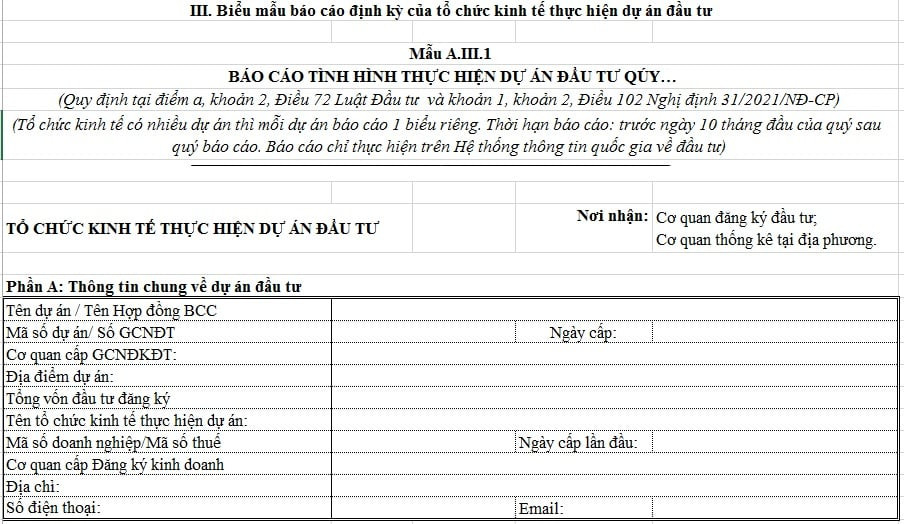 Biểu mẫu báo cáo tình hình thực hiện dự án đầu tư quan trọng