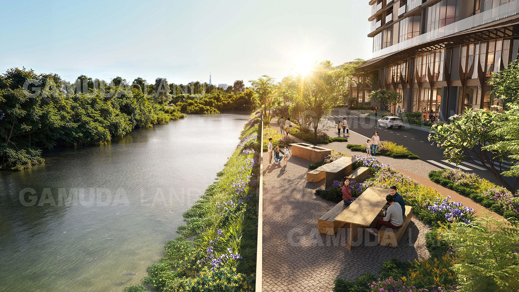 Cảnh quan cây xanh và lối đi bộ trong dự án Eaton Park