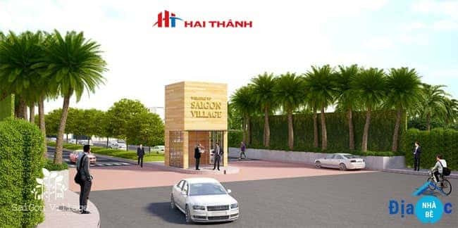 Cổng chào khang trang của dự án Saigon Village, biểu tượng cho khu đô thị hiện đại Long Hậu.