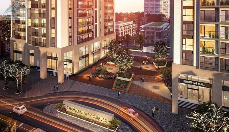 Cổng chào sang trọng dẫn vào khu căn hộ Thống Nhất Complex, thể hiện đẳng cấp dự án.