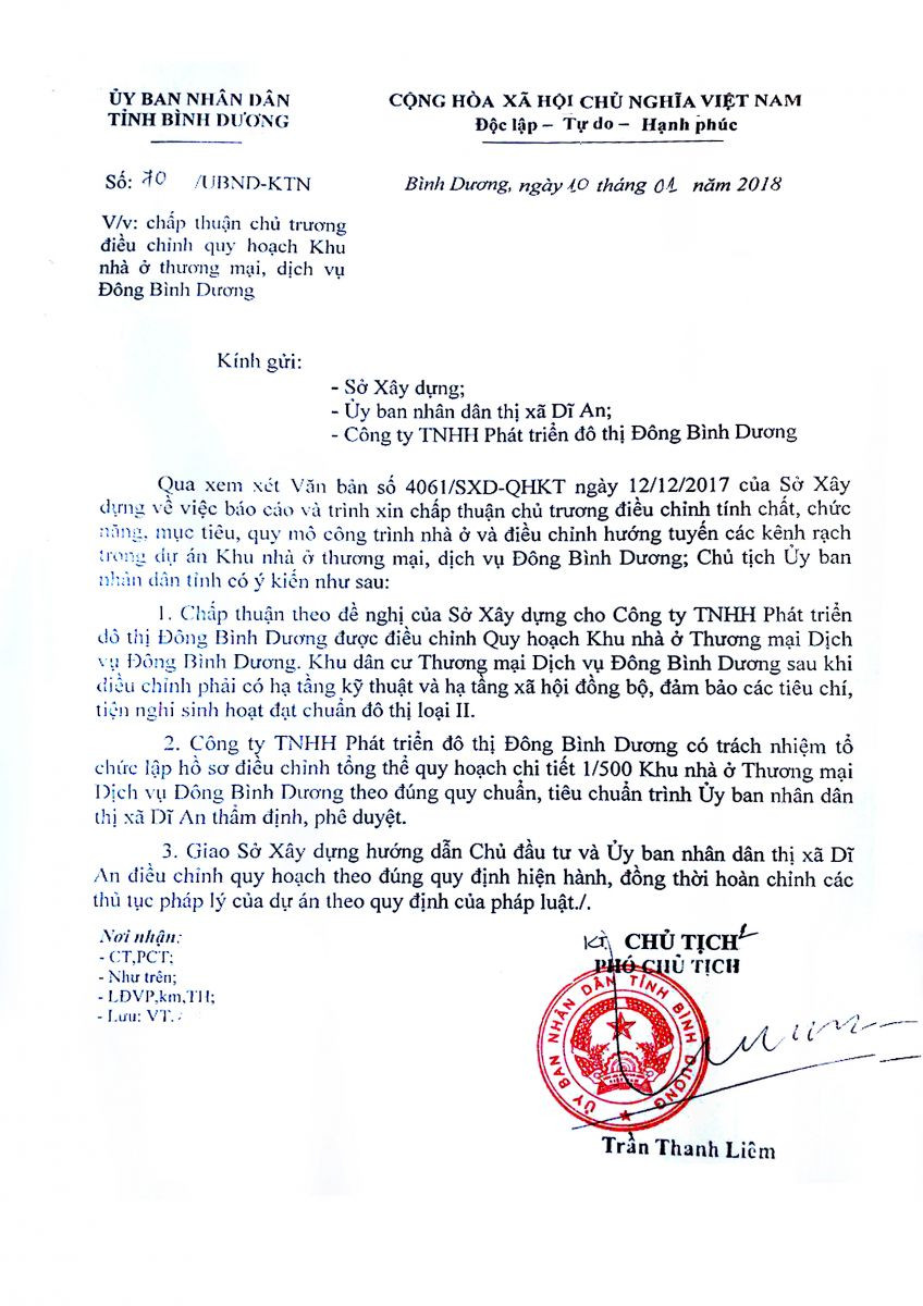 Công văn số 70 của UBND tỉnh Bình Dương chấp thuận điều chỉnh quy hoạch dự án Đông Bình Dương