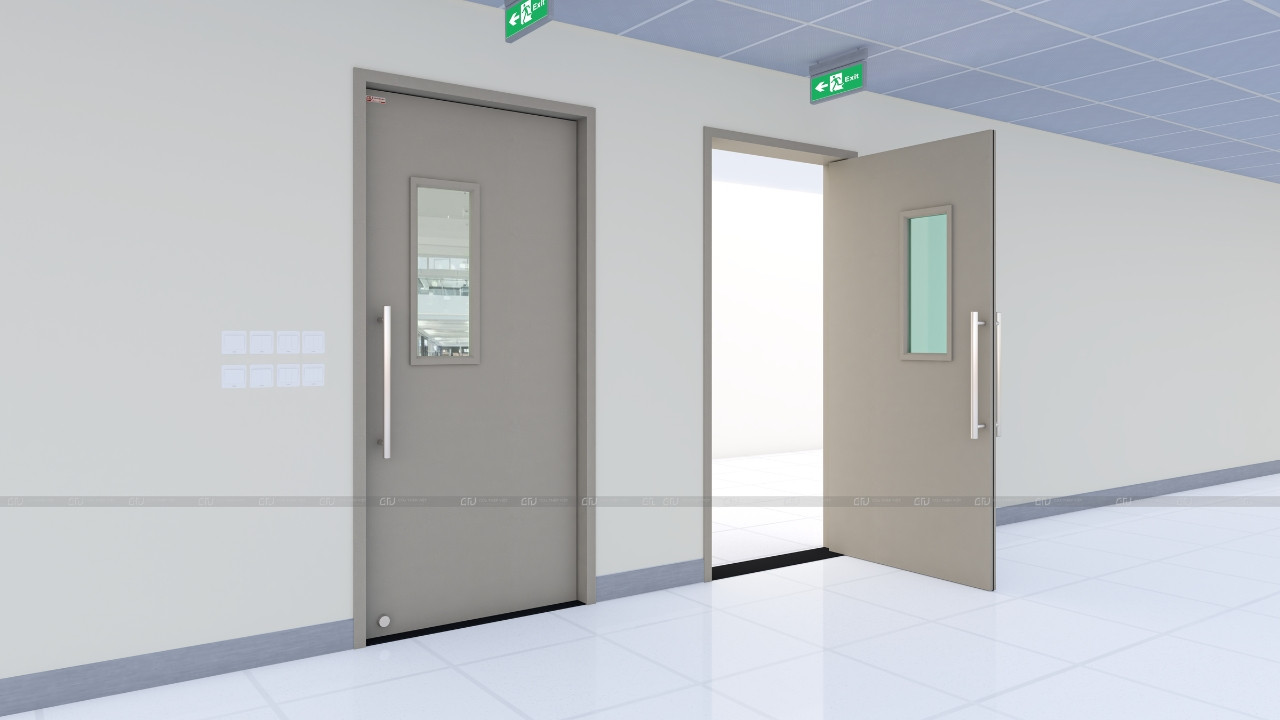 Cửa chống cháy chung cư màu xám, biểu tượng của giải pháp an toàn PCCC hiện đại