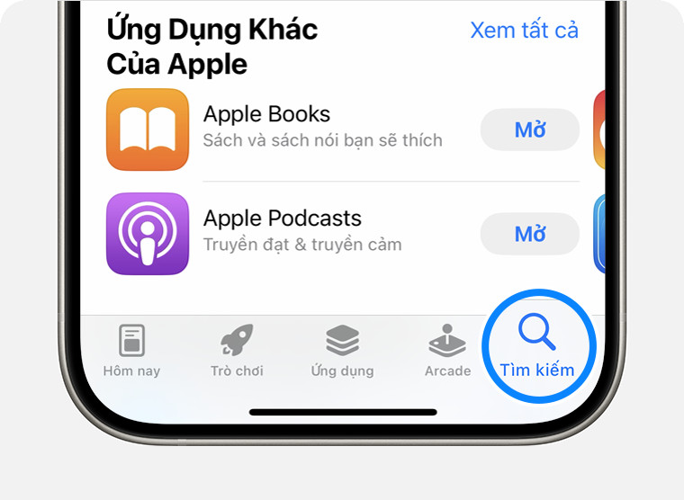 Giao diện App Store trên iPhone 15 Pro với tab Tìm kiếm đang được hiển thị, hướng dẫn người dùng nơi iPhone tải ứng dụng một cách dễ dàng.