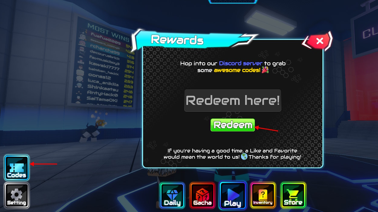 Giao diện đổi code dự án egoist trong game Project Egoist Roblox, hiển thị nút 'Codes' và ô nhập mã quà tặng.