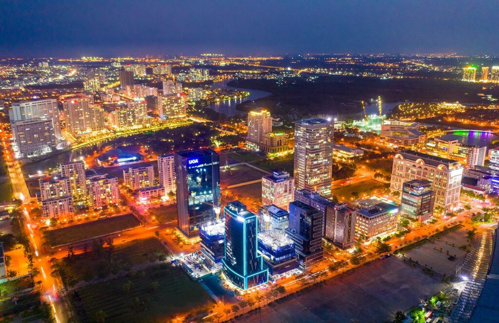 Khu Thương mại Tài chính Quốc tế Phú Mỹ Hưng với các tòa cao ốc hiện đại, biểu tượng cho tiềm năng phát triển của dự án Hồng Hạc City