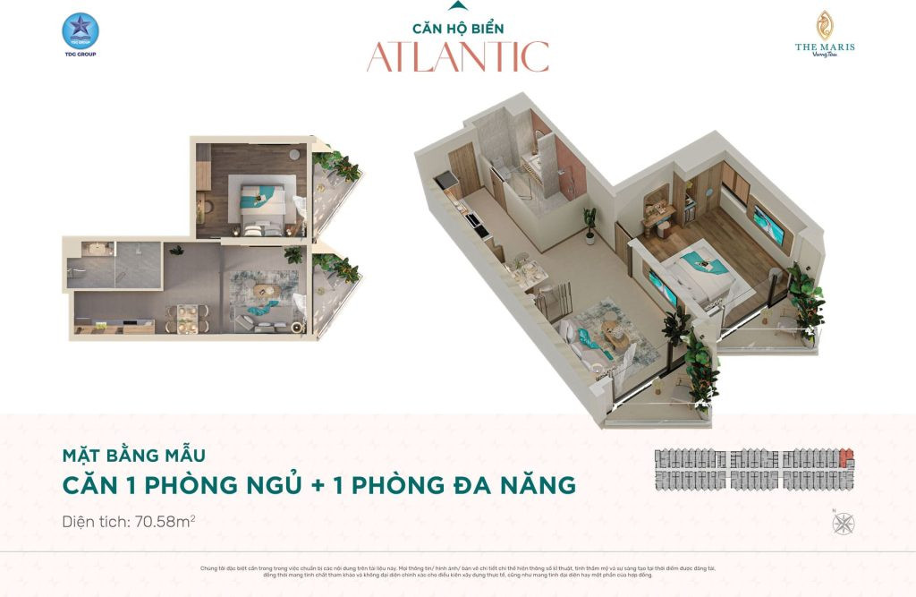 Layout căn hộ 1 phòng ngủ + 1 đa năng 70.58m2 Tháp Atlantic