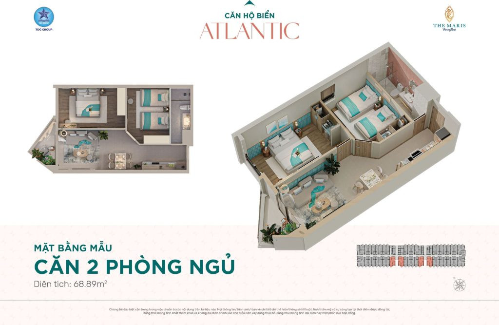 Layout căn hộ 2 phòng ngủ 68.89m2 Tháp Atlantic tối ưu không gian