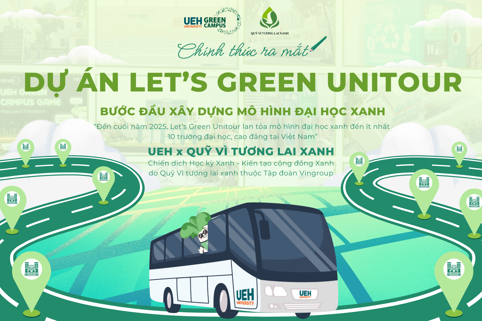 Logos các đối tác trong dự án trường học xanh, bao gồm UEH và Quỹ Vì tương lai xanh Vingroup, thể hiện cam kết phát triển bền vững