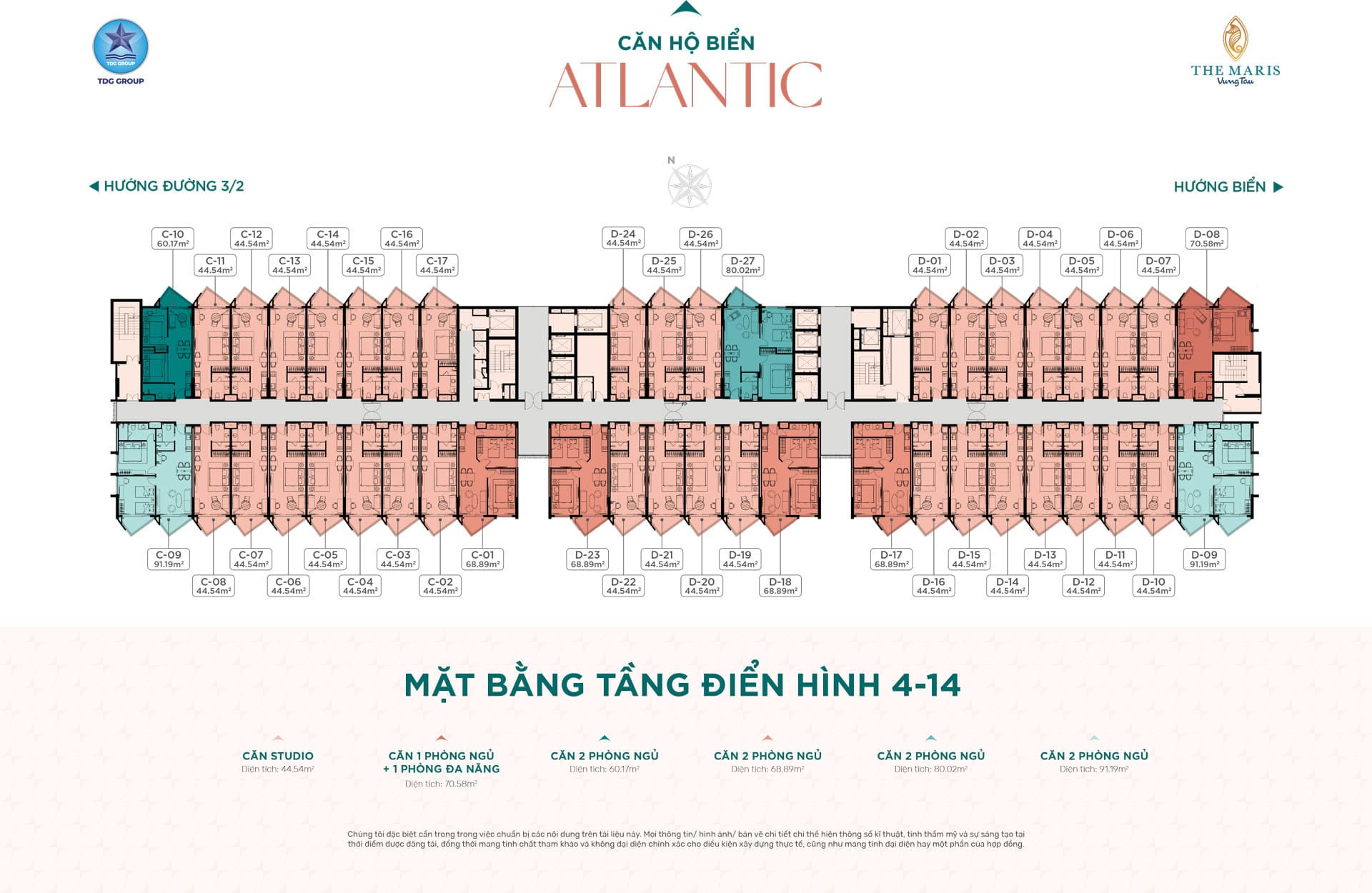 Mặt bằng điển hình tầng 4-14 Tháp Atlantic dự án căn hộ The Maris