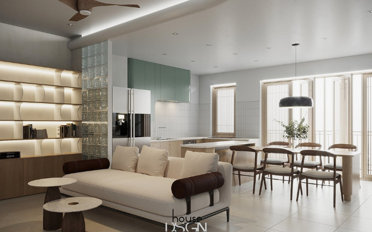 Mẫu phòng khách chung cư đẹp liền bếp hiện đại