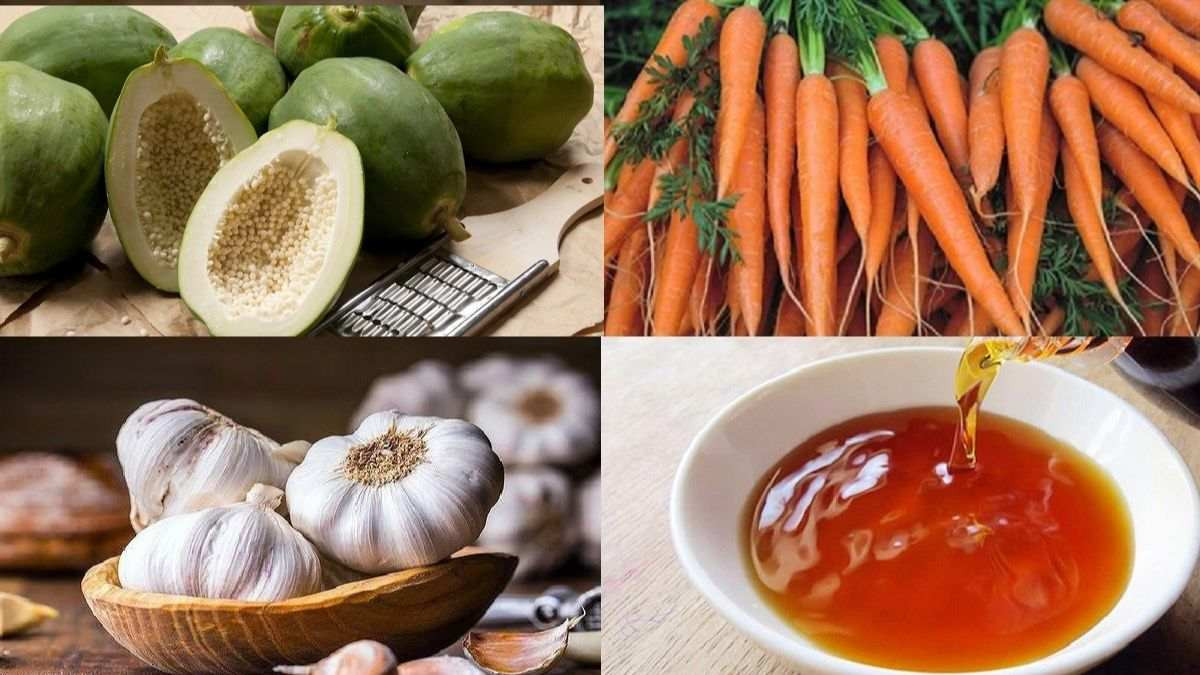 Nguyên liệu tươi ngon làm dưa góp đu đủ ăn bún chả, gồm đu đủ xanh, cà rốt, tỏi ớt, chanh và gia vị