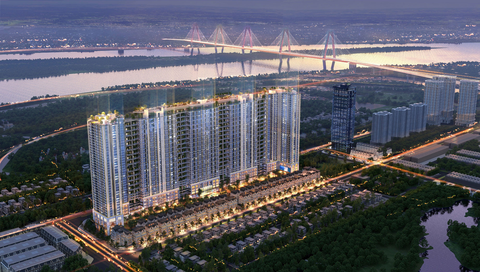 Phối cảnh tổng thể ban đêm Khu căn hộ hàng hiệu Noble Crystal Tây Hồ tại Ciputra Hà Nội