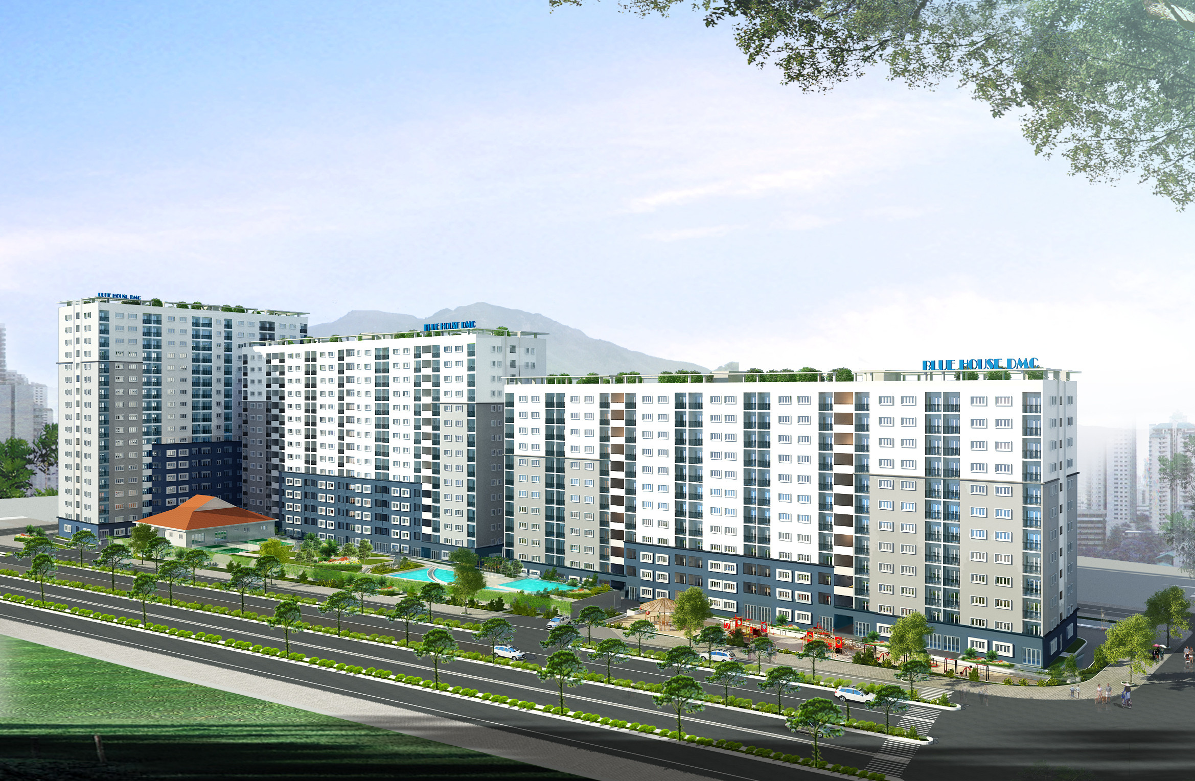 Phối cảnh tổng thể dự án chung cư An Trung 2 Đà Nẵng, minh họa kiến trúc hiện đại của các khối nhà A, B, C.