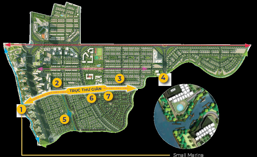 Phối cảnh trục kết nối năng lượng với kênh xanh và đường chạy bộ tại Izumi City