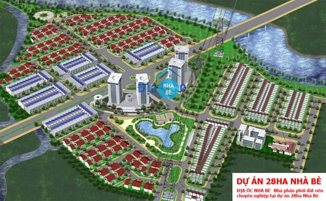 Sơ đồ phân lô tổng thể dự án 28ha Nhơn Đức hiển thị các khu chức năng và vị trí đất nền