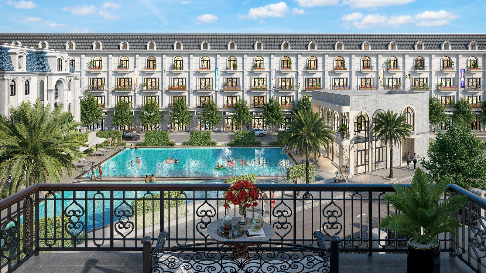 Tầm nhìn từ biệt thự ra hồ bơi xanh mát tại Sông Hồng Diamond City