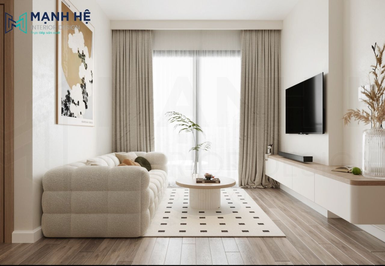 Thiết kế nội thất phòng khách chung cư hiện đại với sofa chữ I