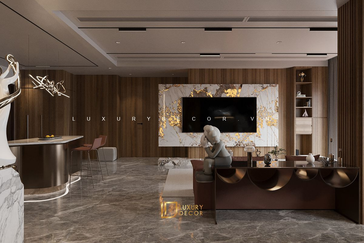 Thiết kế nội thất phòng khách chung cư The Nine Phạm Văn Đồng Hà Nội với sofa cao cấp và không gian mở