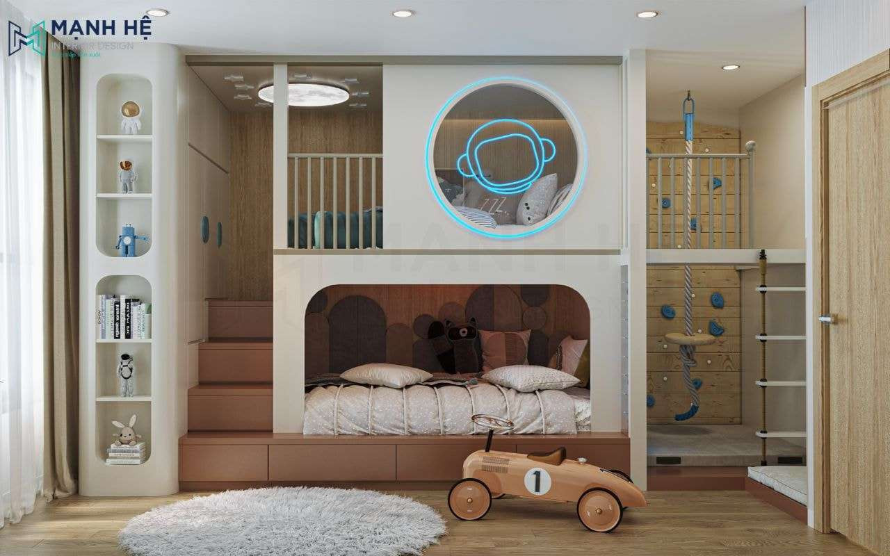 Thiết kế nội thất phòng ngủ trẻ em của chung cư 2 phòng ngủ với giường tầng tiết kiệm diện tích