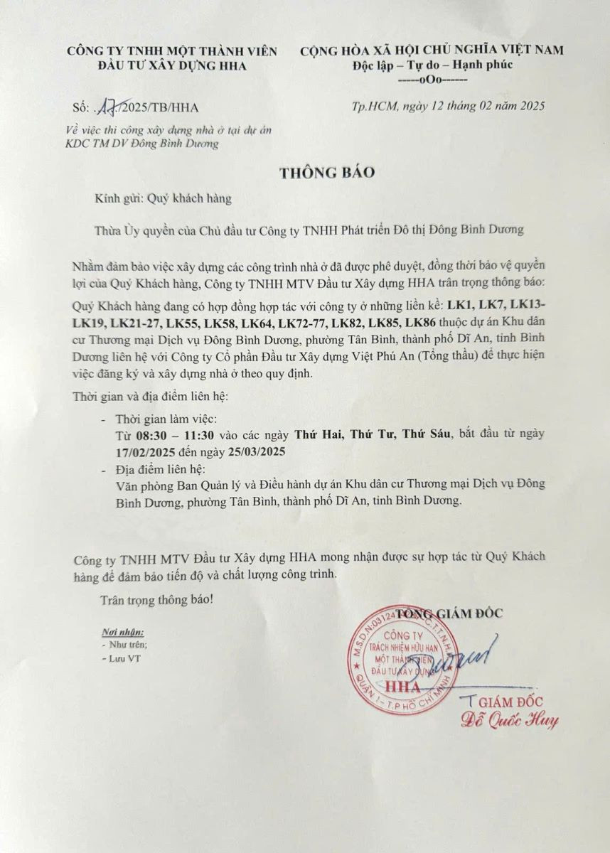 Thông báo xây dựng nhà ở tại dự án khu đô thị Đông Bình Dương