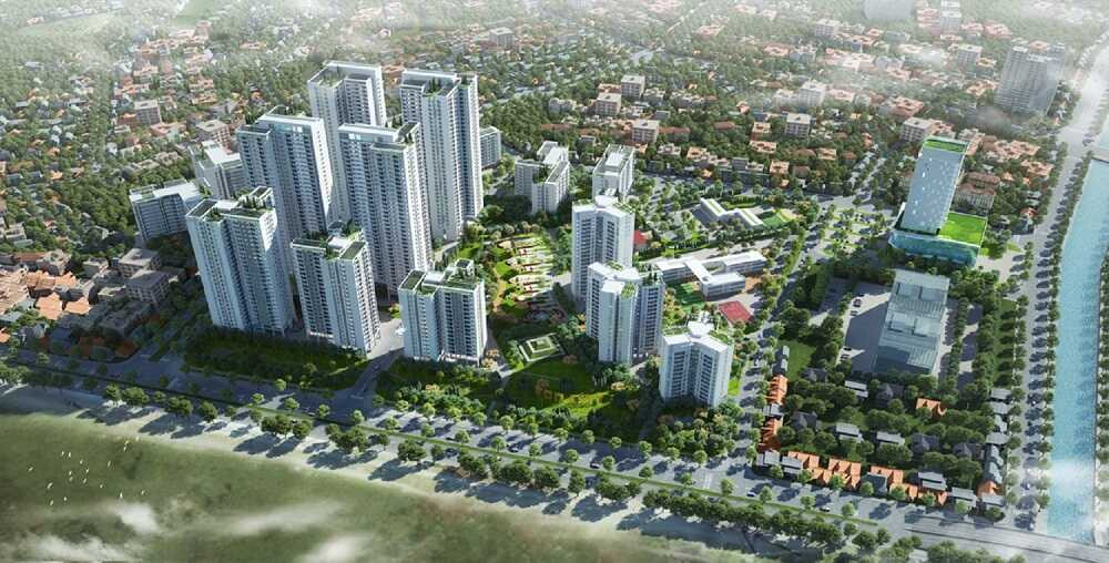 Toàn cảnh dự án Hồng Hà Eco City nhìn từ trên cao, thể hiện quy hoạch tổng thể khu đô thị xanh Tứ Hiệp