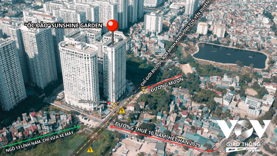 Tổng quan chung cư Sunshine Garden Hoàng Mai nhìn từ trên cao, thể hiện sự cô lập về giao thông