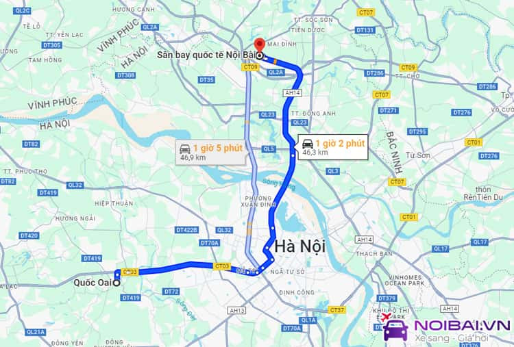 Bản đồ chỉ dẫn khoảng cách Quốc Oai đến Sân bay Nội Bài