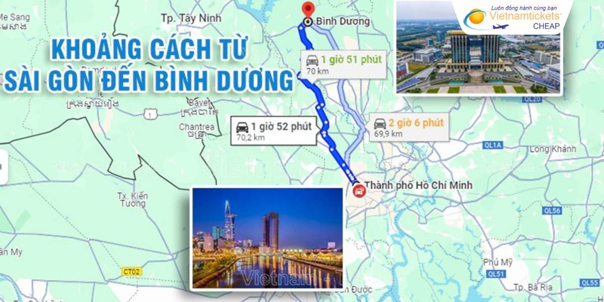 Bản đồ khoảng cách di chuyển từ TP.HCM đến Thủ Dầu Một