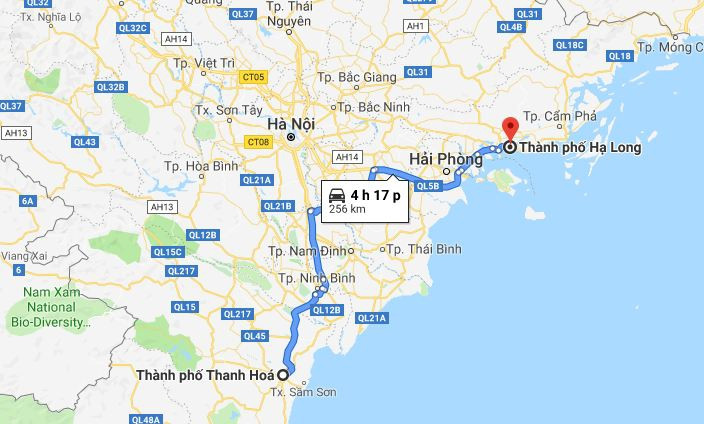 Bản đồ minh họa tuyến đường di chuyển chính từ Quảng Ninh đến Thanh Hóa