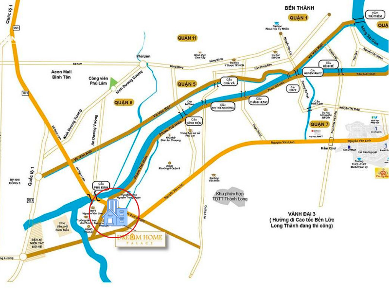 Bản đồ vị trí chiến lược của chung cư Dream Home Palace Quận 8, thuận tiện cho việc thuê chung cư