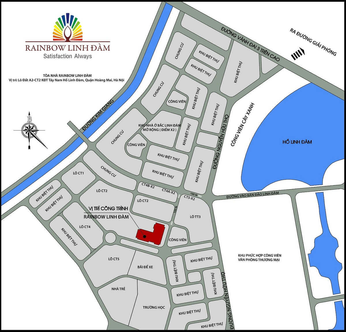 Bản đồ vị trí dự án chung cư Rainbow Linh Đàm tại khu đô thị Tây Nam Linh Đàm, thể hiện sự kết nối giao thông và các khu vực lân cận, hỗ trợ việc bán chung cư Rainbow Linh Đàm dễ dàng hơn.