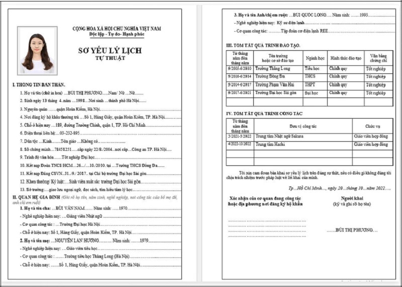 Biểu mẫu sơ yếu lý lịch cá nhân chi tiết trong hồ sơ xin việc làm